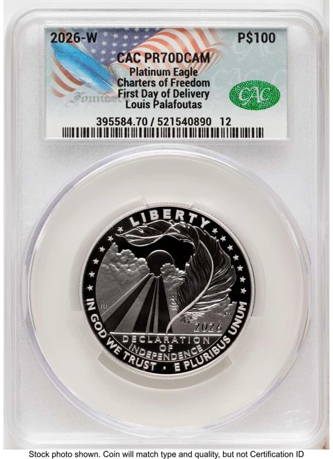 2026-W $100 Proof Modern Bullion Coin CACG PR70   One-Ounce Platinum Eagle - Declaration of Independence - First Day of Issue coin front image