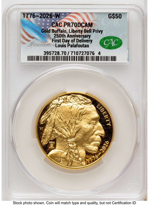 Bullionshark 2026-W G$50 Proof 1 oz American Gold Buffalo Coin CACG PR70 DCAM - Liberty Bell 250 Privy - First Day of Issue - HAT525065027 