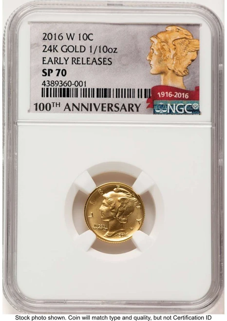 Bullionshark 2016-W 10C Modern Bullion Coin NGC MS70   Mercury Dime - Gold 100th Anniversary - First Strike - HAT790506014 
