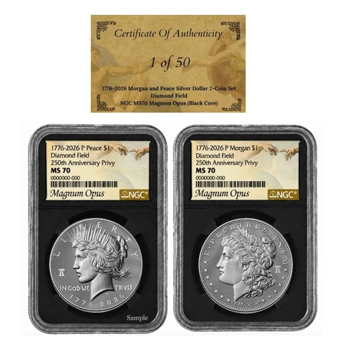 1776-2026 Diamond Field Morgan and Peace Silver Dollar Set NGC MS70 Black Core Magnum Opus Label 1 of 50