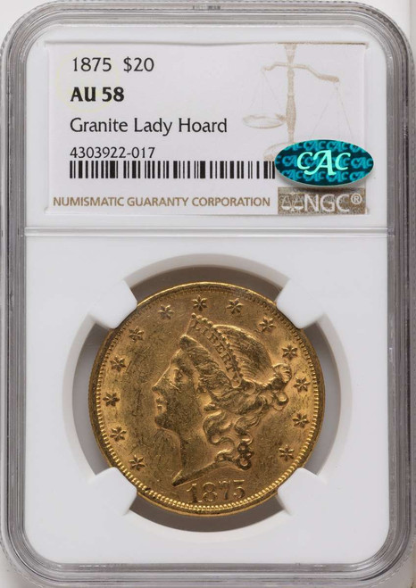 1875 $20 Gold Liberty Double Eagle NGC AU58  CAC coin front image