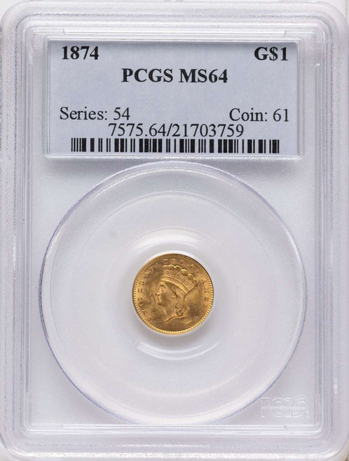 Bullionshark 1874 G$1 Gold Dollar Coin PCGS MS64 - HAT791291005 