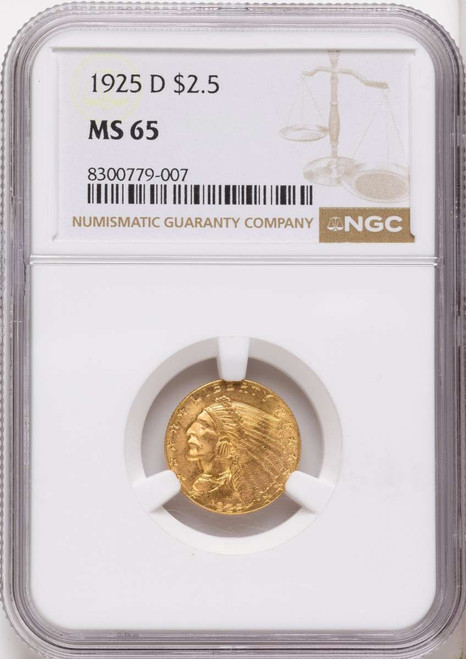 Bullionshark 1925-D $2.5 Indian Gold Quarter Eagle Coin NGC MS65 - HAT790510074 