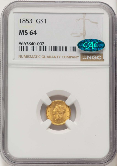 1853 G$1 Gold Dollar Coin NGC MS64  CAC coin front image