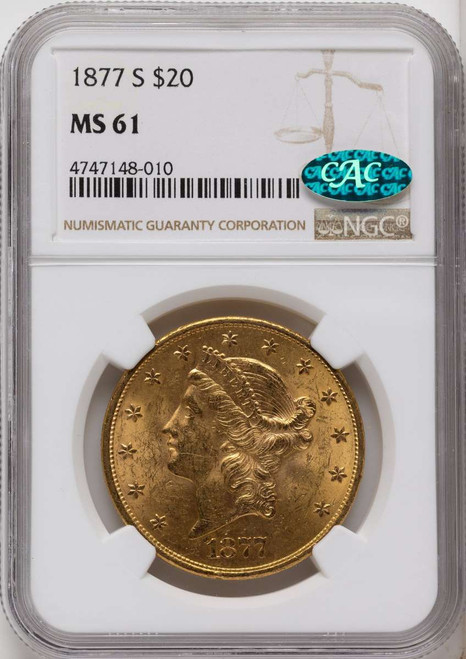 1877-S $20 Gold Liberty Double Eagle NGC MS61  CAC coin front image