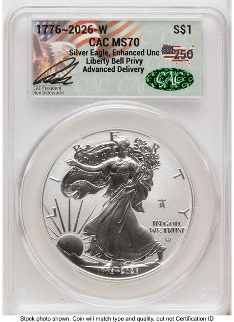 Bullionshark 2026-W S$1 American Silver Eagle Coin CACG MS70 - Enhanced - Liberty Bell Privy - Advanced Release - HAT525239081 