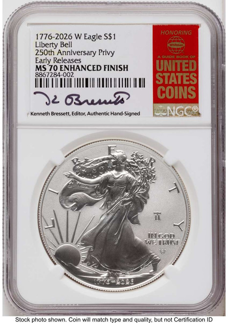Bullionshark 2026-W S$1 American Silver Eagle Coin NGC MS70 - Enhanced - Liberty Bell Privy - HAT525239073 