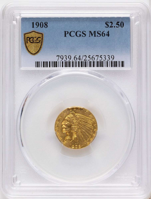Bullionshark 1908 $2.5 Indian Gold Quarter Eagle Coin PCGS MS64 - HAT789780001 