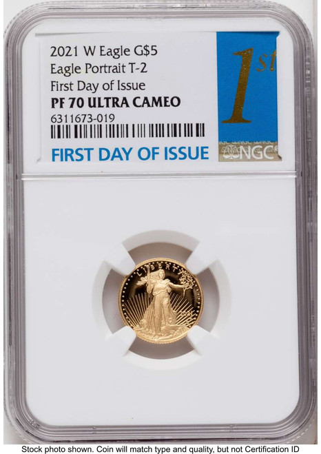 Bullionshark 2021-W G$5 Proof 1/10 oz American Gold Eagle Coin NGC PF70 UCAM - Type Two - First Day of Issue - HAT790382025 
