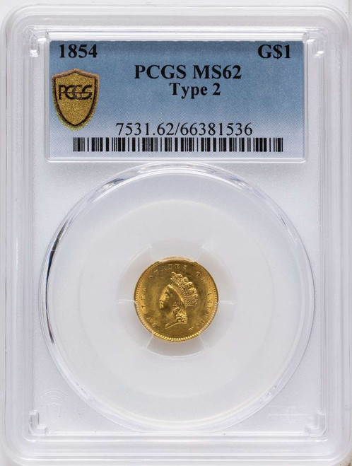 Bullionshark 1854 G$1 Gold Dollar Coin PCGS MS62   Type Two - HAT507675008 