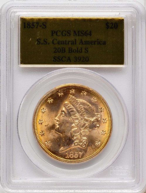 Bullionshark 1857-S $20 Gold Liberty Double Eagle PCGS MS64   Bold S - Variety 20B - HAT791183001 