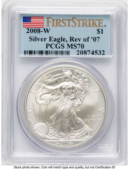 Bullionshark 2008-W S$1 Burnished American Silver Eagle Coin PCGS MS70 - Reverse of 2007 - First Strike - HAT765346127 