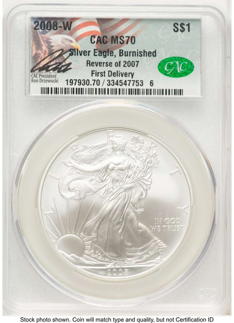 2008-W S$1 Burnished American Silver Eagle Coin CACG MS70 - Reverse of 2007 - First Strike coin front image