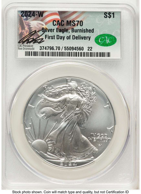 Bullionshark 2024-W S$1 Burnished American Silver Eagle Coin CACG MS70 - First Day of Issue - HAT770082075 