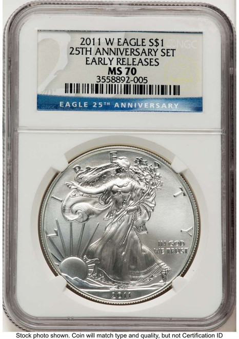 2011-W S$1 Burnished American Silver Eagle Coin NGC MS70 - 25th Anniversary Set - First Strike coin front image