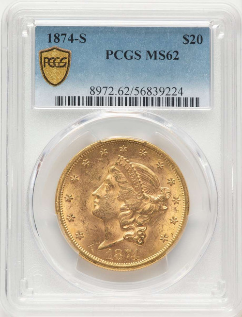 Bullionshark 1874-S $20 Gold Liberty Double Eagle PCGS MS62 - HAT787620003 
