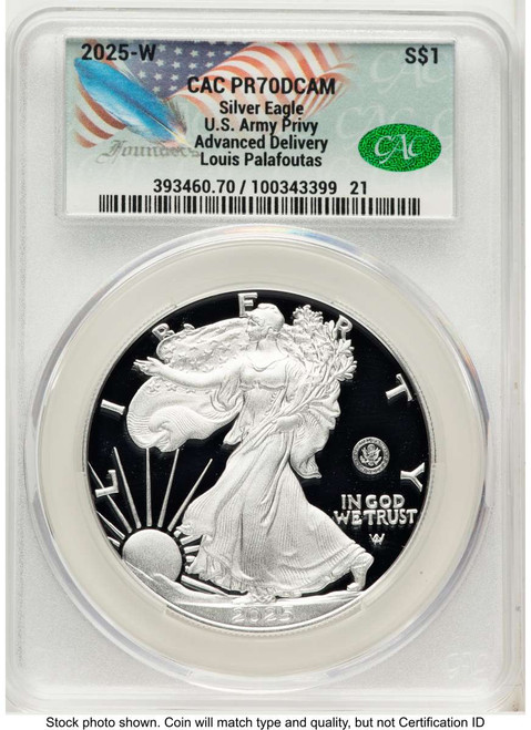 Bullionshark 2025-W $1 Proof American Silver Eagle Coin CACG PR70 DCAM - U.S. Army 250th Anniversary Privy - Advanced Release - HAT521912016 