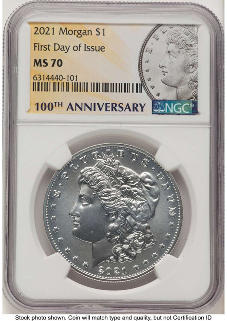 Bullionshark 2021 $1 Modern Bullion Coin NGC MS70   Morgan Dollar 100th Anniversary - First Day of Issue - HAT505914002 