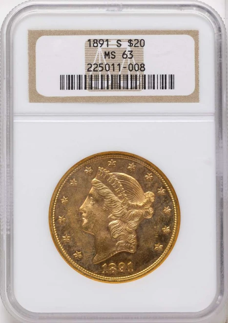 1891-S $20 Gold Liberty Double Eagle NGC MS63 coin front image