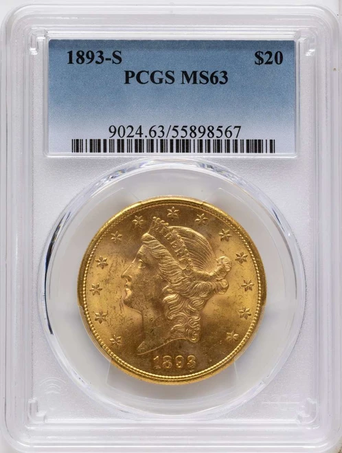 1893-S $20 Gold Liberty Double Eagle PCGS MS63 coin front image