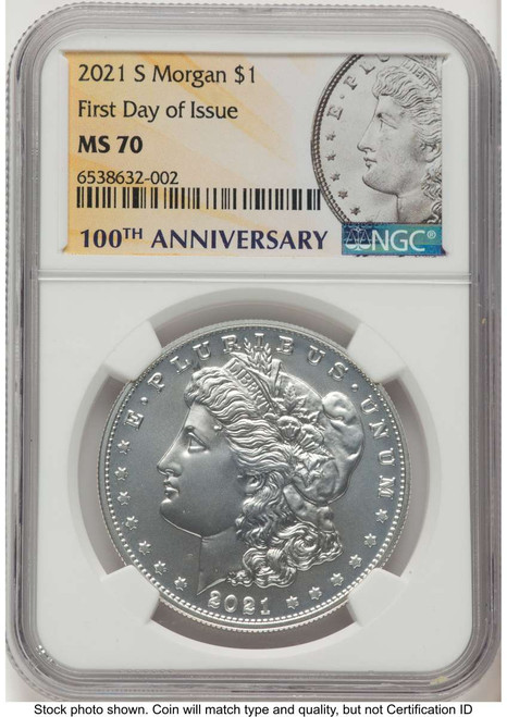 Bullionshark 2021-S $1 Modern Bullion Coin NGC MS70   Morgan Dollar 100th Anniversary - First Day of Issue - HAT505914004 