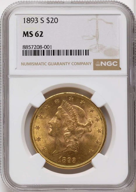 1893-S $20 Gold Liberty Double Eagle NGC MS62 coin front image