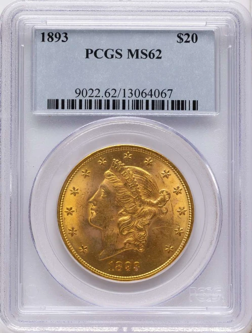 1893 $20 Gold Liberty Double Eagle PCGS MS62 coin front image