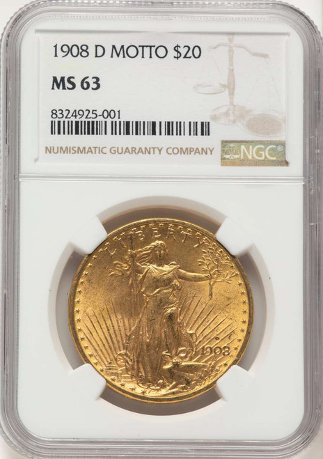 1908-D $20 Saint Gaudens Double Eagle NGC MS63   Motto coin front image