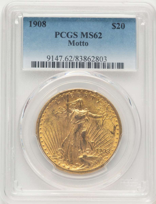 Bullionshark 1908 $20 Saint Gaudens Double Eagle PCGS MS62   Motto - HAT786650009 