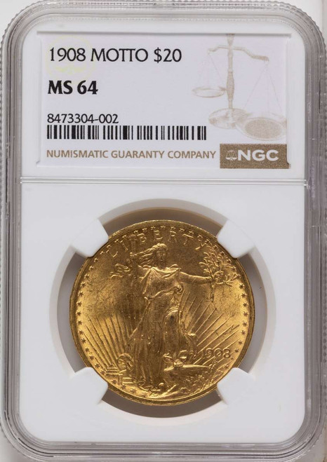 Bullionshark 1908 $20 Saint Gaudens Double Eagle NGC MS64   Motto - HAT791086014 