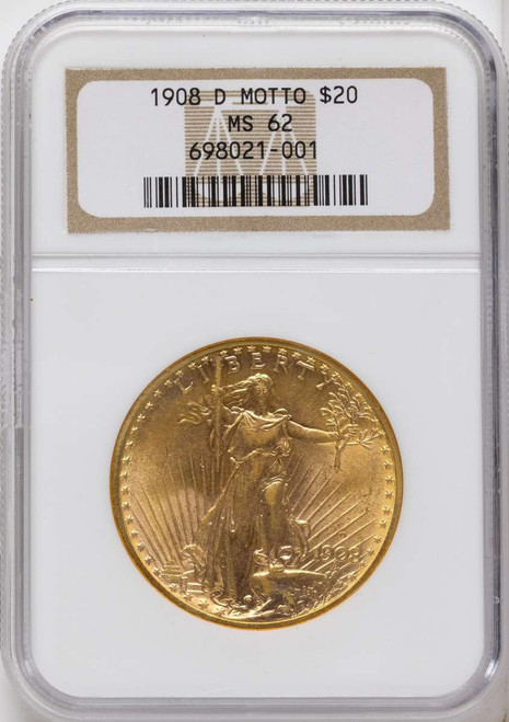 Bullionshark 1908-D $20 Saint Gaudens Double Eagle NGC MS62   Motto - HAT790428001 