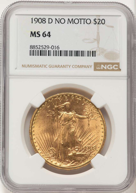Bullionshark 1908-D $20 Saint Gaudens Double Eagle NGC MS64   No Motto - HAT177546012 