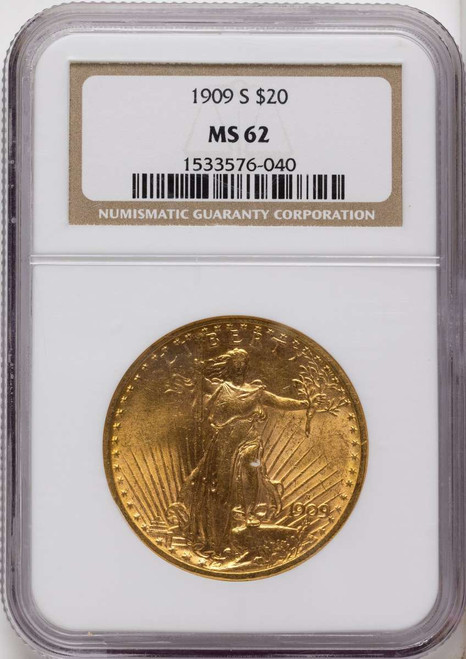 Bullionshark 1909-S $20 Saint Gaudens Double Eagle NGC MS62 - HAT790106022 