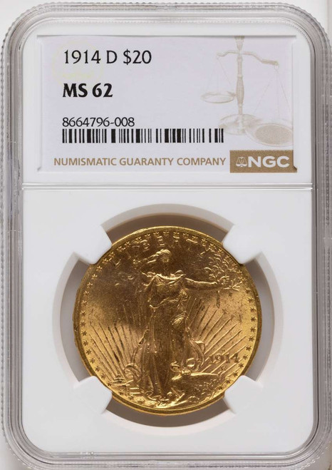 Bullionshark 1914-D $20 Saint Gaudens Double Eagle NGC MS62 - HAT789583005 