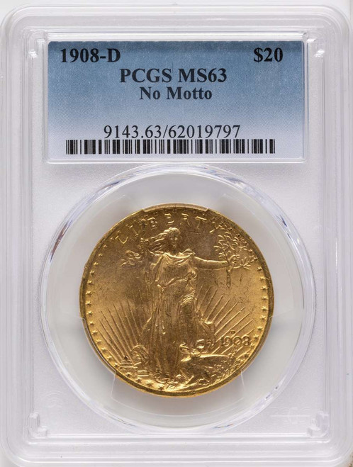 1908-D $20 Saint Gaudens Double Eagle PCGS MS63   No Motto coin front image