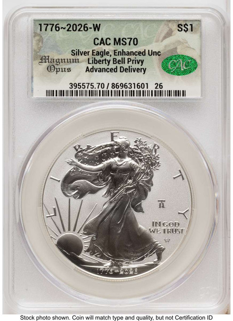 Bullionshark 2026-W S$1 American Silver Eagle Coin CACG MS70 - Enhanced - Liberty Bell Privy - HAT525239091 
