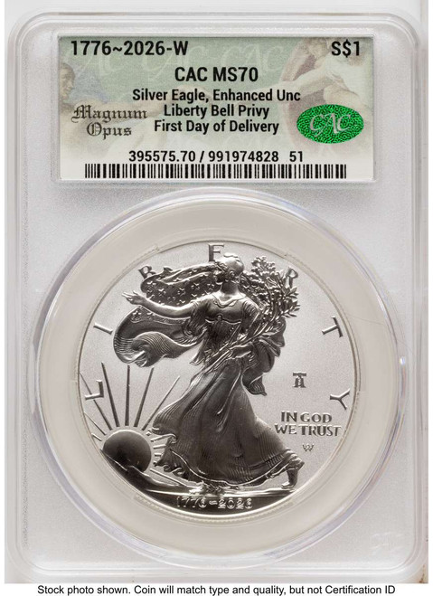 Bullionshark 2026-W S$1 American Silver Eagle Coin CACG MS70 - Enhanced - Liberty Bell Privy - HAT525239093 