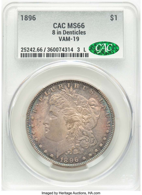 1896 S$1 Morgan Silver Dollar Coin CACG MS66   Misplaced Date - 8 In Denticle - VAM-19 coin front image