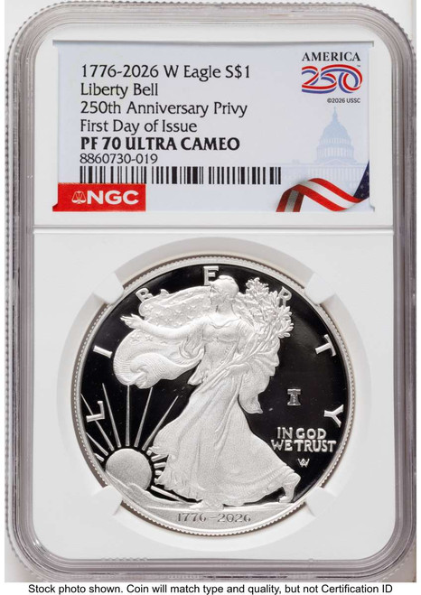 2026-W $1 Proof American Silver Eagle Coin NGC PF70 UCAM - Liberty Bell 250 Privy coin front image