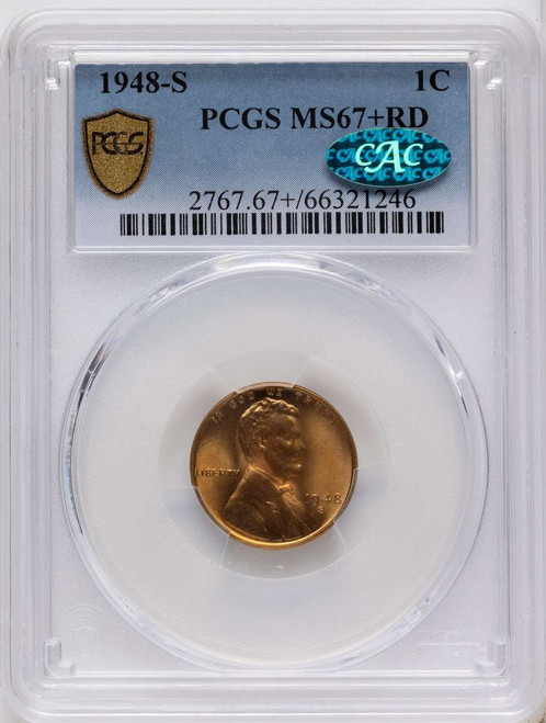 Bullionshark 1948-S 1C Lincoln Cent Coin PCGS MS67  CAC +    RD - HAT789734003 