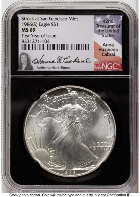 1986-(S) S$1 American Silver Eagle Coin NGC MS69 - Struck at San Francisco coin front image