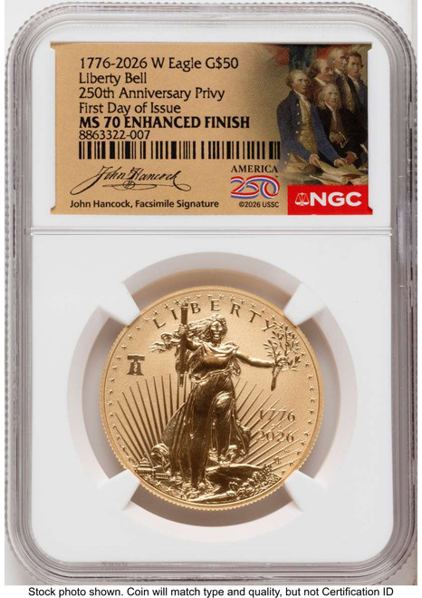 Bullionshark 2026-W G$50 1 oz American Gold Eagle Coin NGC MS70 - Enhanced - Liberty Bell 250 Privy - HAT525257092 