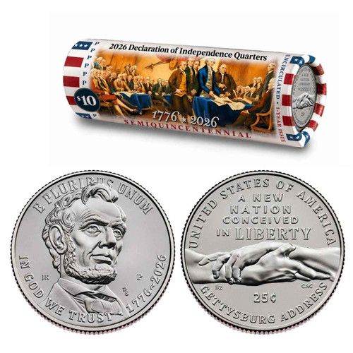  1776–2026 P Gettysburg Address Semiquincentennial Quarter Roll – Dual Date - America 250 - U.S. Mint Color Wrapper 
