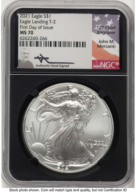 2021 S$1 American Silver Eagle Coin NGC MS70 - Type Two - First Day of Issue coin front image