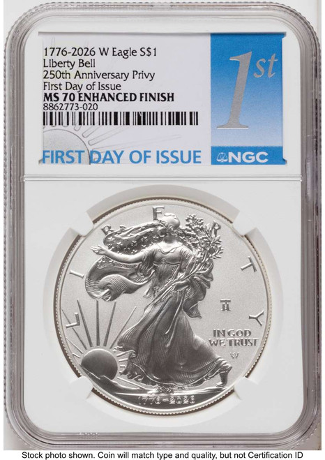 2026-W S$1 American Silver Eagle Coin NGC MS70 - Enhanced - Liberty Bell Privy - First Day of Issue coin front image