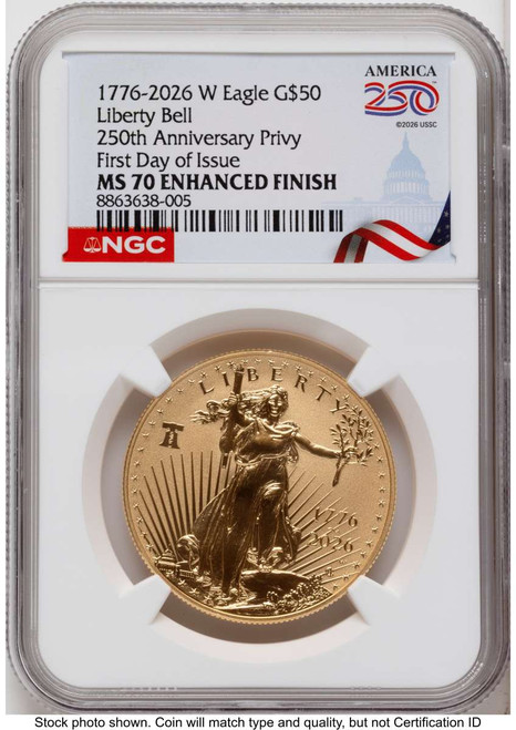 2026-W G$50 1 oz American Gold Eagle Coin NGC MS70 - Enhanced - Liberty Bell 250 Privy coin front image
