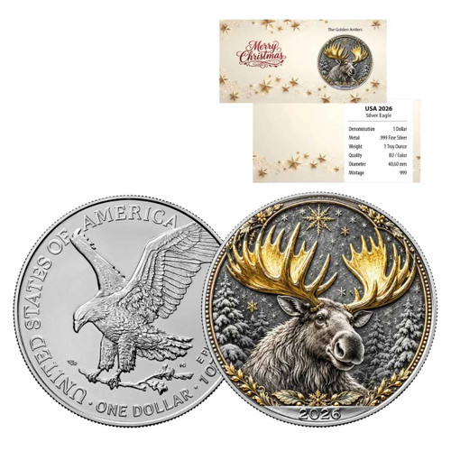  2026 American Silver Eagle 1 oz Silver “The Golden Antlers” Christmas Edition – Limited to 999 