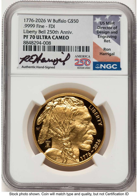 2026-W G$50 Proof 1 oz American Gold Buffalo Coin NGC PF70 UCAM - Liberty Bell 250 Privy coin front image