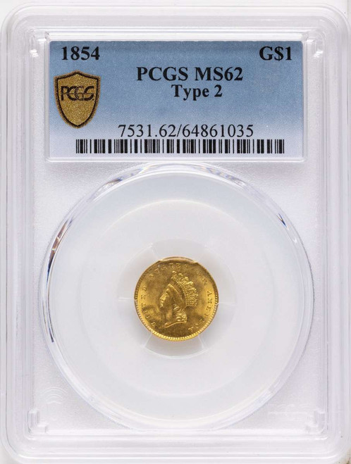 1854 G$1 Gold Dollar Coin PCGS MS62   Type Two coin front image
