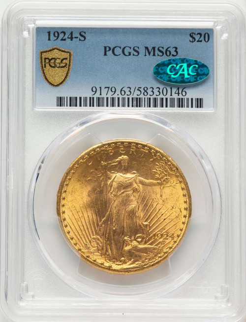 1924-S $20 Saint Gaudens Double Eagle PCGS MS63  CAC coin front image